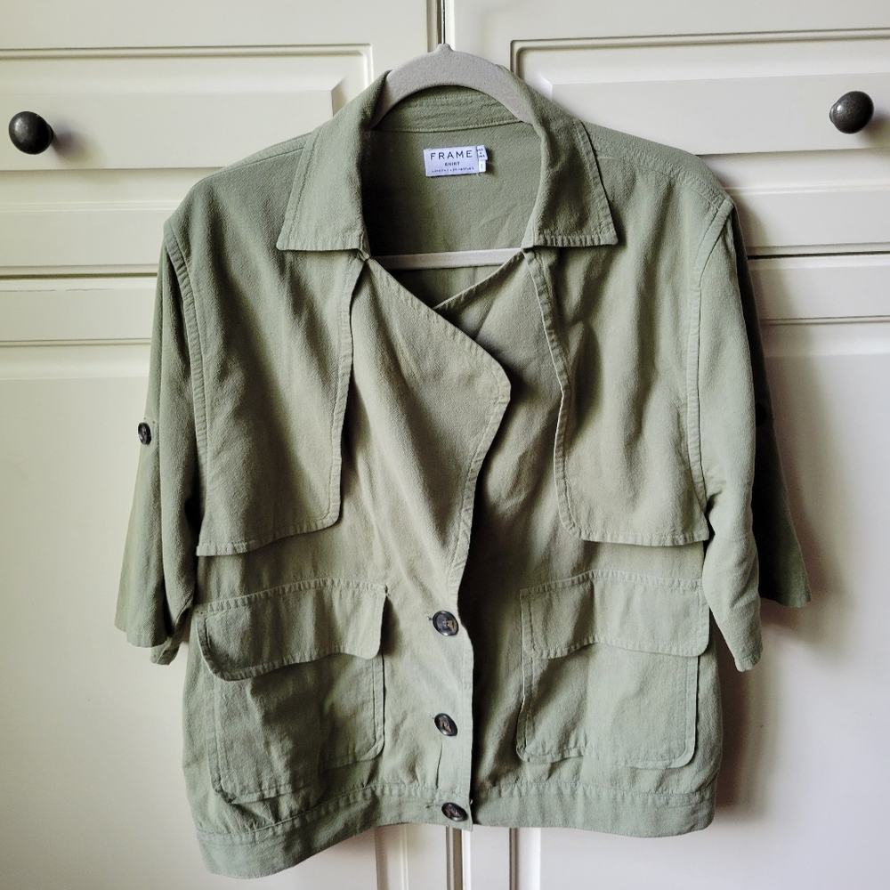 Frame Shirt Short Sleeve Utility Jacket Safari Green Pockets Button S